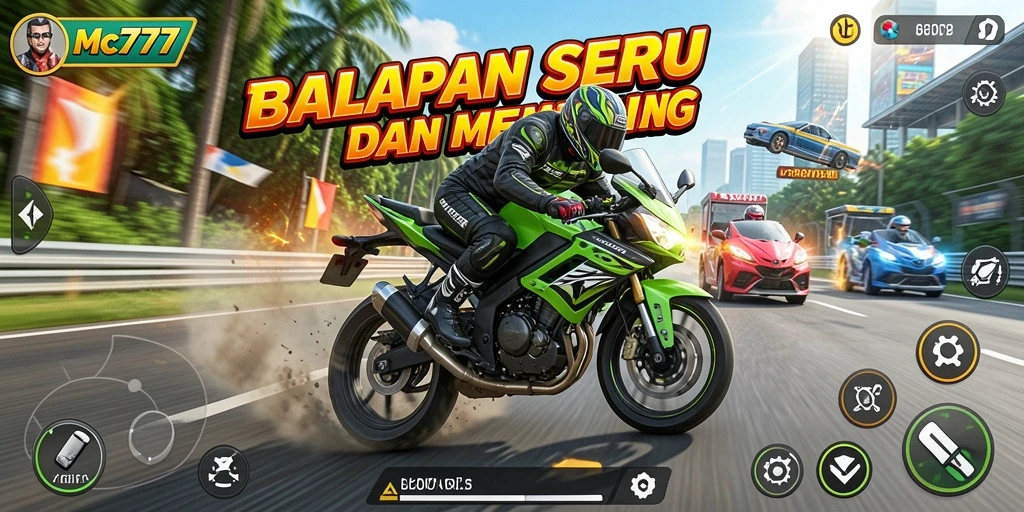 Tampilan gameplay MC777 yang mendebarkan saat balapan motor.