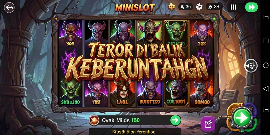 Screen gameplay dari MINISLOT menampilkan suasana horor yang mencekam.