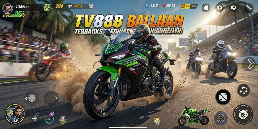 Screenshot gameplay TV888 dengan aksi balapan motor yang intens.